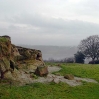 A rare outcrop of rocks (overlooking Weirwood Reservoir in the mist)